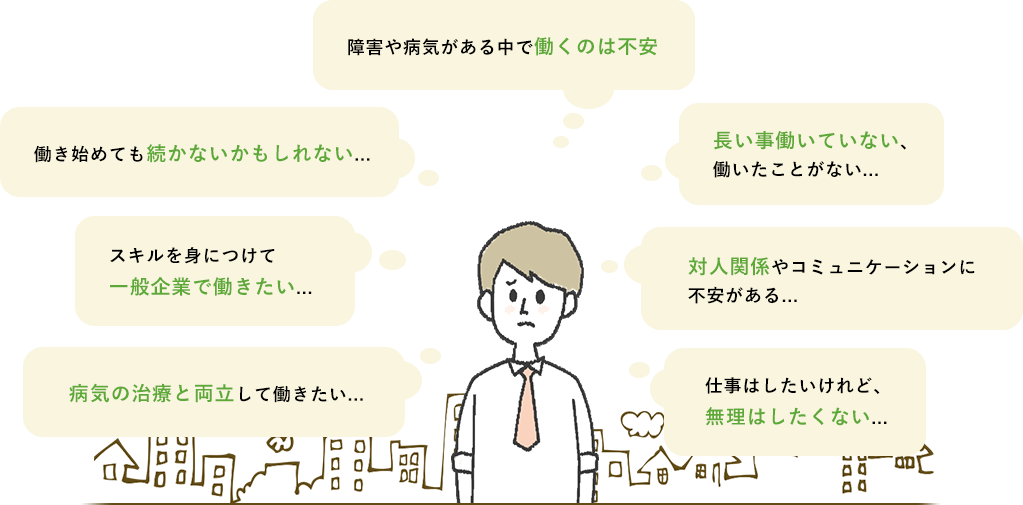 障がいや病気がある中で働くのは不安...働き始めても続かないかもしれない...スキルを身につけて一般企業で働きたい...病気の治療と両立して働きたい...長い事働いていない、働いたことがない...対人関係やコミュニケーションに不安がある...仕事はしたいけれど、無理はしたくない...